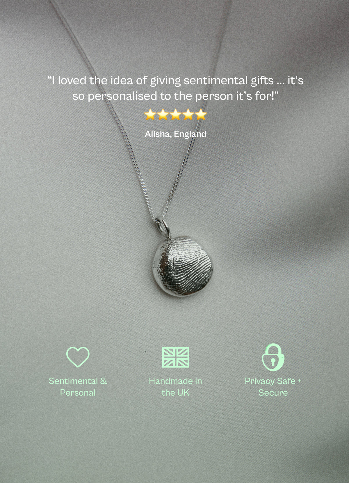 Five stars: silver fingerprint pendant on a chain, with a five-star review from Alisha, England