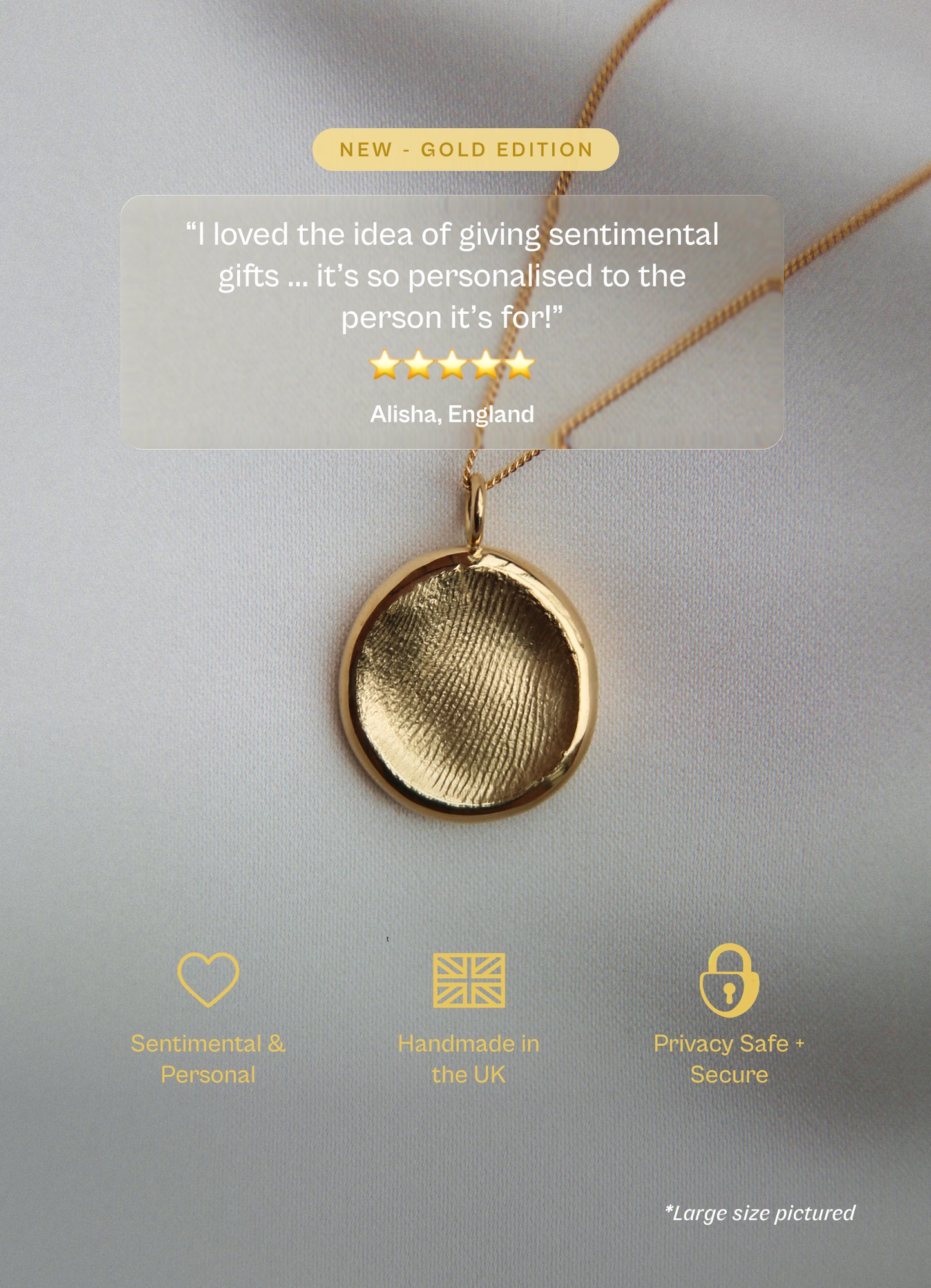 Gold necklace with a textured pendant on a light gray background, featuring customer review and product features.
